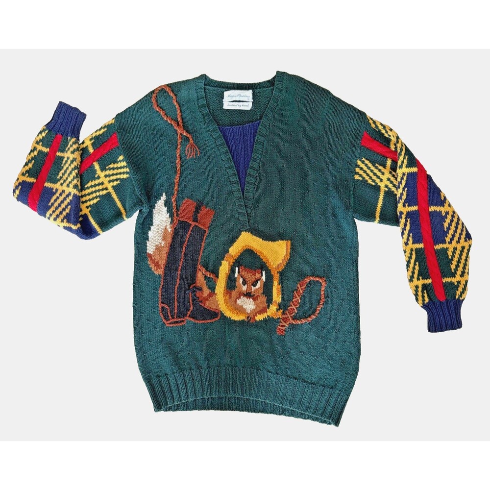 Vintage Fox Hunting Sweater Green Equestrian Horse Riding Knit Women’s Cozy Gift